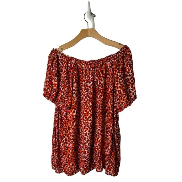 Lucky Brand Plus 1X Red & Orange Animal Print Tie-Neck Off-Shoulder Boho Top - Picture 7 of 9